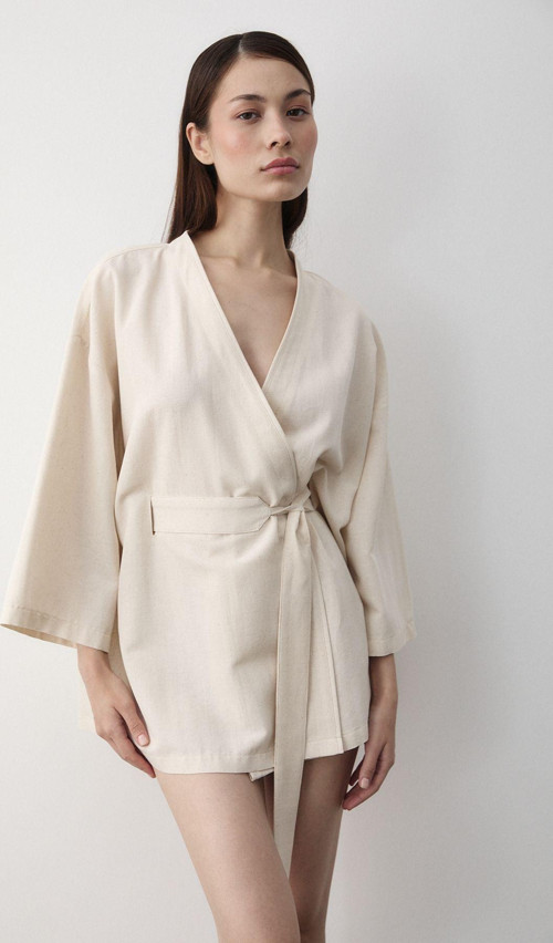Natural Iç Kemerli Kimono - 5383