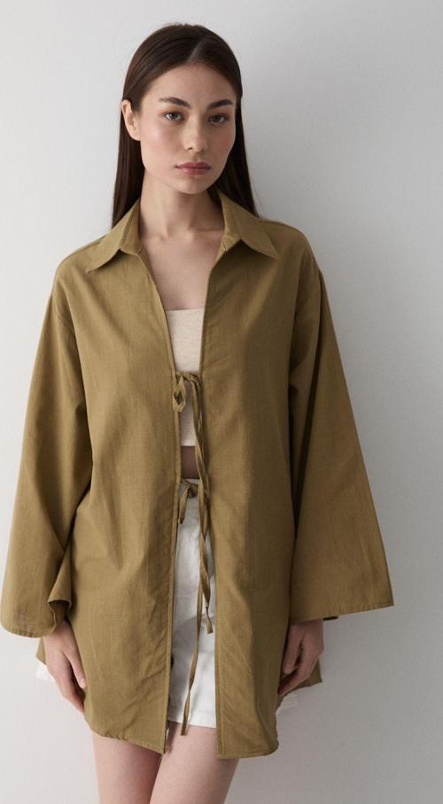 Yağ Yeşili Bağcık Detaylı Kimono Bluz