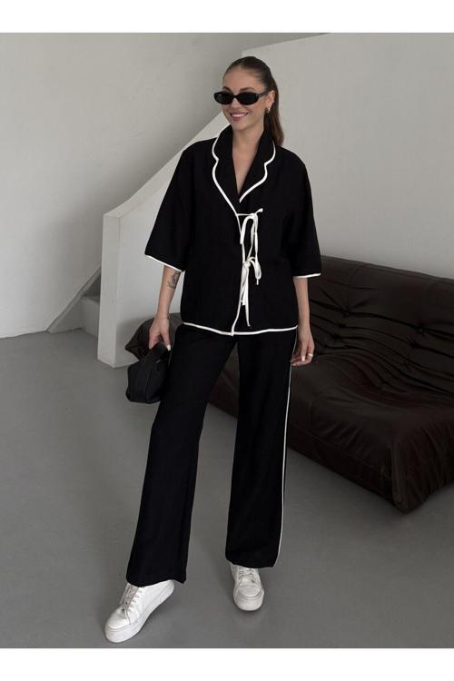 Siyah - Natural Biyeli Bluz Pantolono Takım - 9001