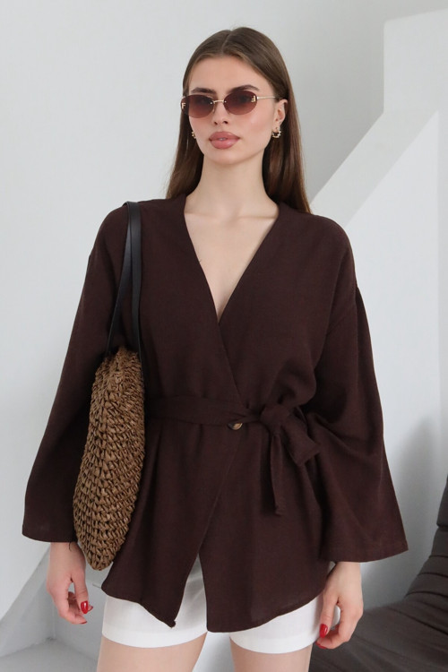 Kahverengi Pamuklu Düğme Detaylı Kemerli Keten Kimono - 005