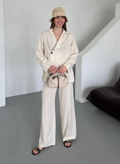 Natural %100 Pamuk Kruvaze Kapama Tek Düğmeli Kimono Pantolon Takım - 8351