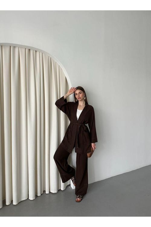 Kahverengi Cep Detaylı Kuşaklı Kimono Takım - 8491