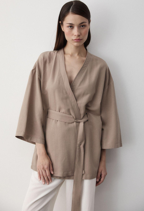 Sütlü Kahve Iç Kemerli Kimono - 5383