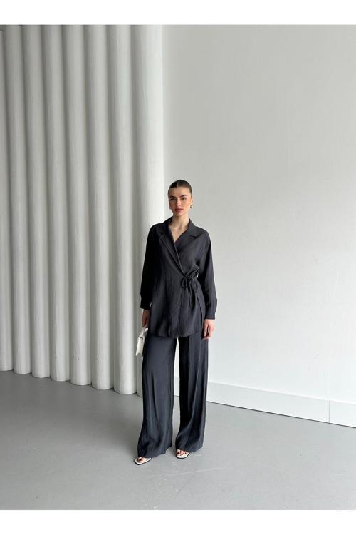 Antrasit Yaka Detaylı Bağlamalı Kimono Takım - 8459