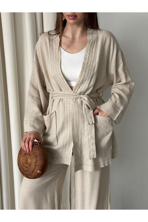 Natural Cep Detaylı Kuşaklı Kimono Takım - 8491