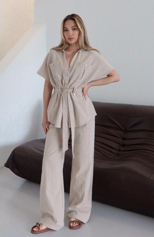 Natural Düğmeli Kuşaklı Bluz Pantolon Takım - 7207