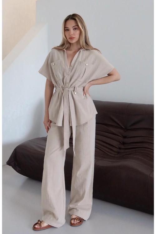 Natural Düğmeli Kuşaklı Bluz Pantolon Takım - 7207