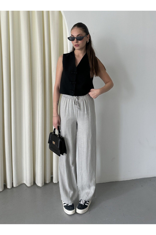 Gri %100 Keten Palazzo Pantolon - 3455