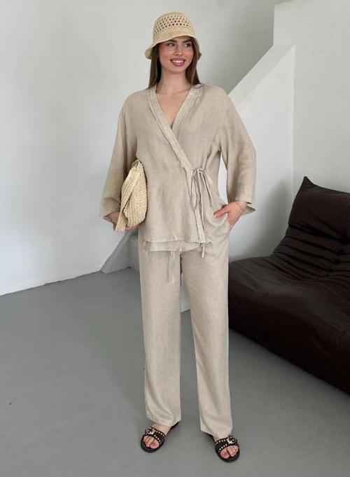 Taş Detaylı Yan Bağlamalı Keten Kumaş Kimono Takım - 8373