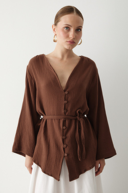 Kahverengi Çok Düğmeli Kimono
