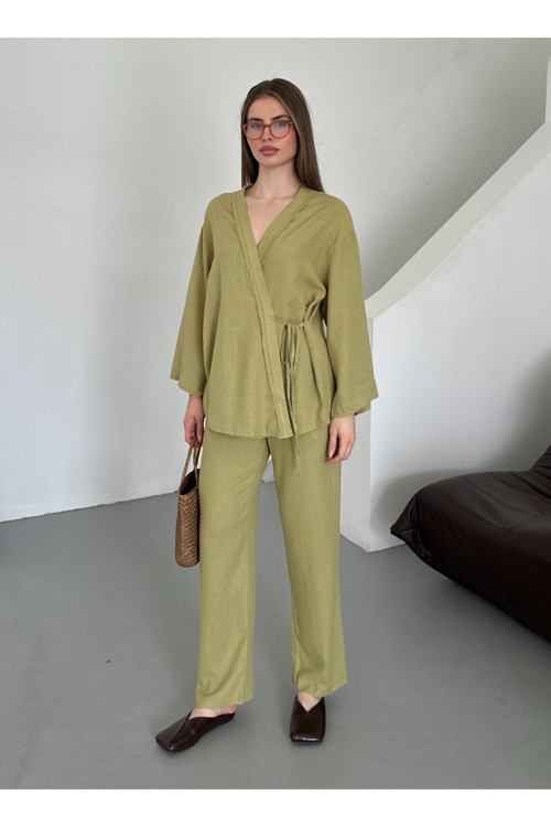 Haki Detaylı Yan Bağlamalı Keten Kumaş Kimono Takım - 8373