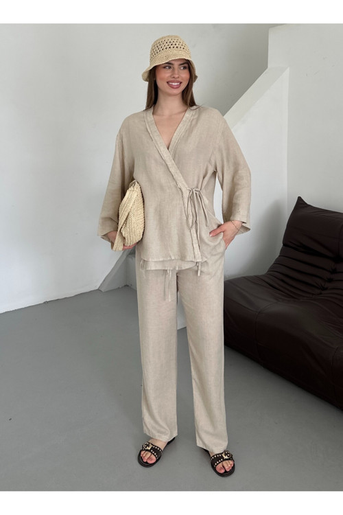 Natural Detaylı Yan Bağlamalı Keten Kumaş Kimono Takım - 8373