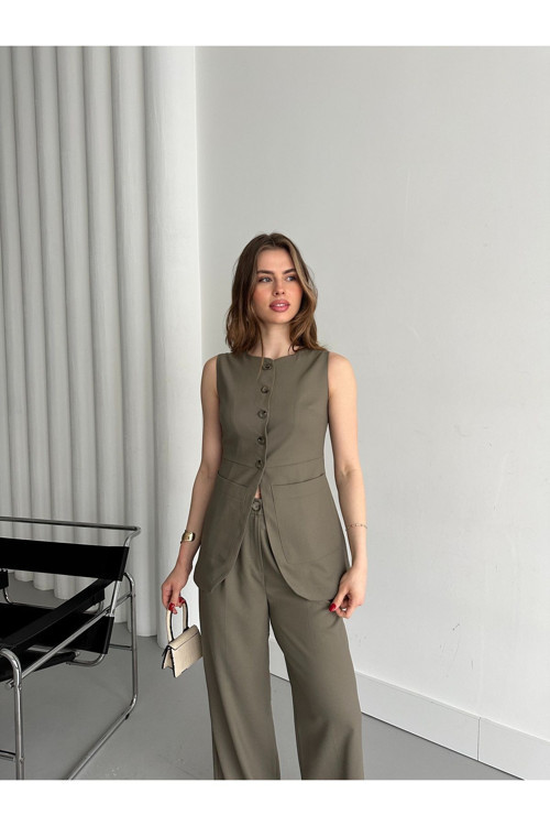 Haki Düğmeli Yelek Pantolon Takım -8484