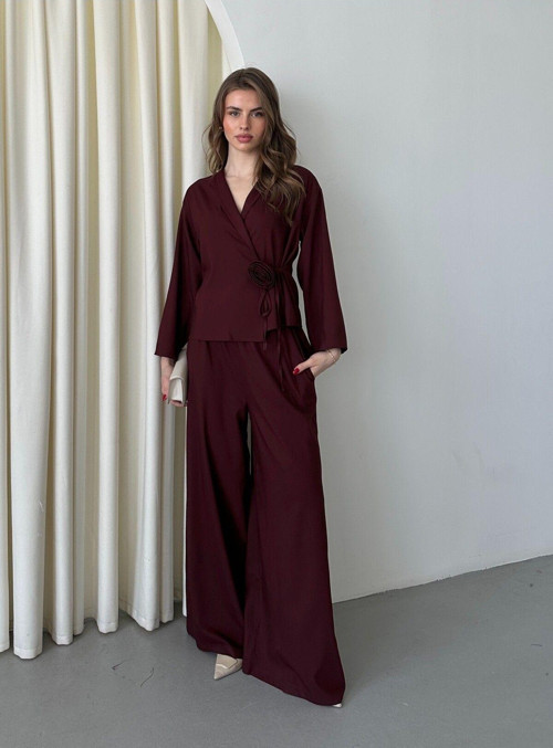 Bordo Gül Detaylı Kimono Takım - 8637
