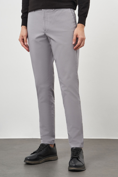 Erkek Gri Pamuk Yan Cep Slim Fit Chino Pantolon