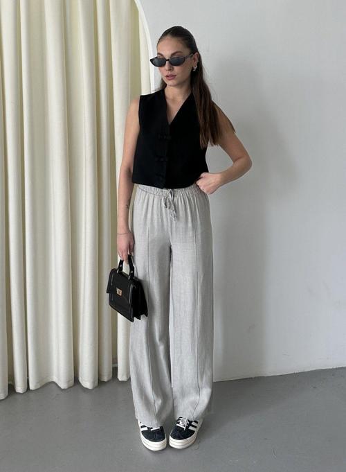 Gri %100 Keten Palazzo Pantolon - 3455