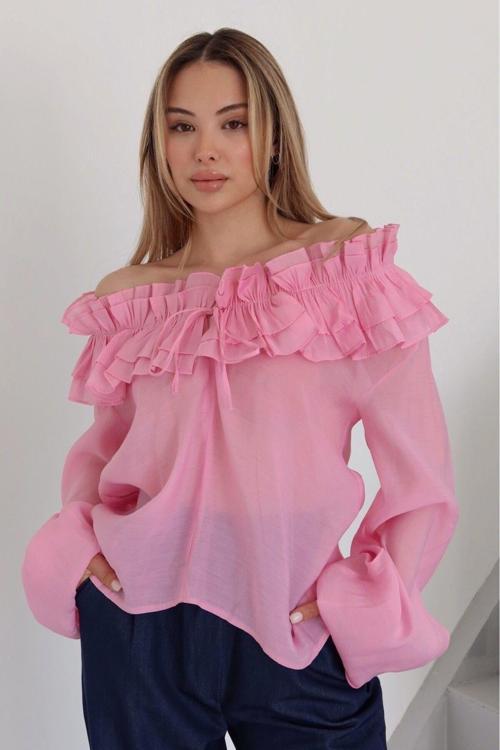 Pembe Fırfırlı Tasarım Bluz - 70203