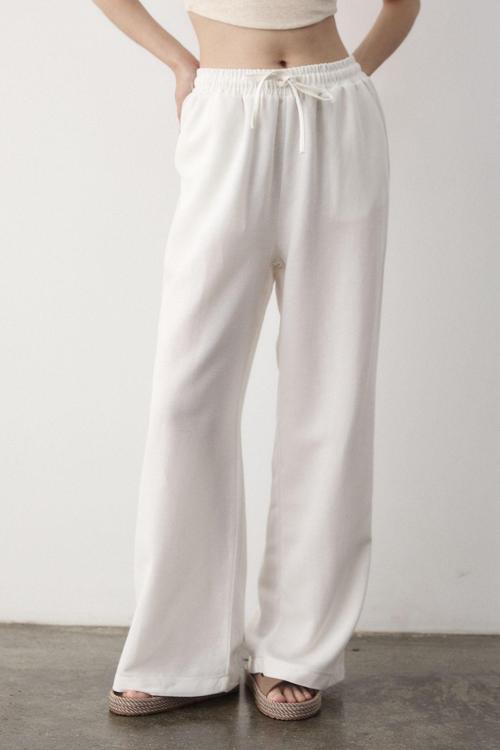 Beyaz Beli Lastikli Bol Paça Pantolon - 2813