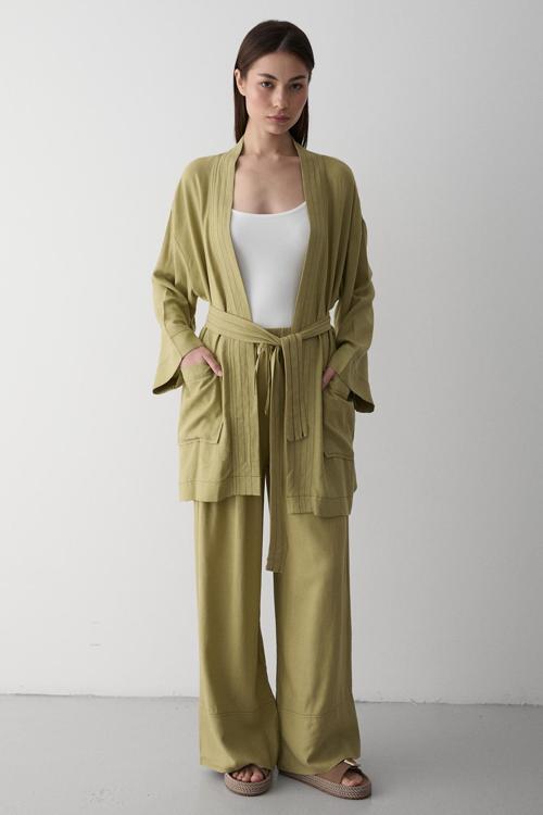 Haki %100 Pamuk Cep Detaylı Kuşaklı Kimono Takım - 8491