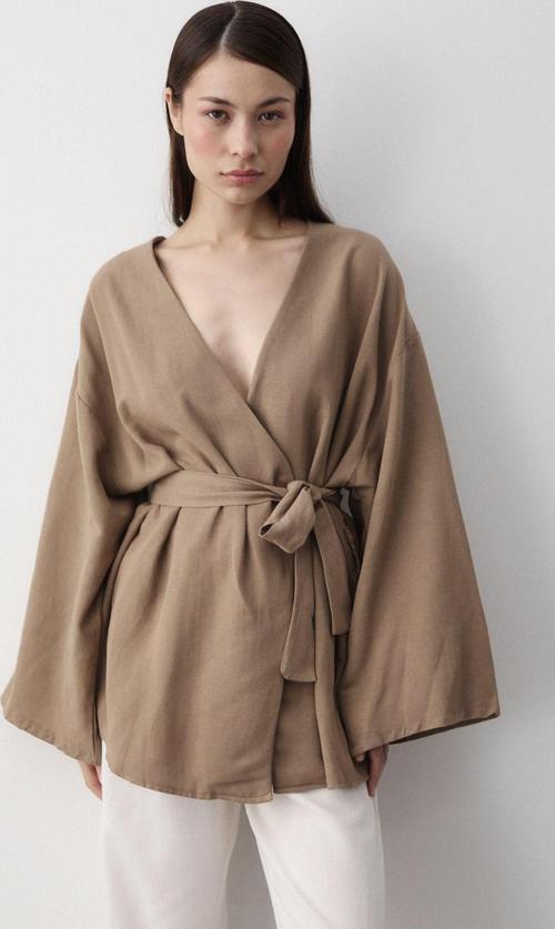 Sütlü Kahve Pamuklu Düğme Detaylı Kemerli Keten Kimono