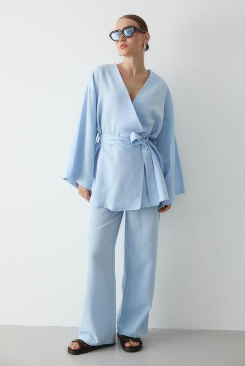 Mavi Pamuklu Kimono Bol Paça Pantolon Takım