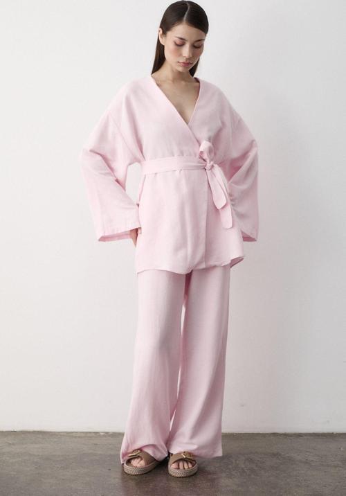 Pembe Pamuklu Kimono Bol Paça Pantolon Takım
