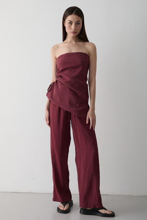 Bordo Straplez Yanı Büzgülü Bluz Pantolon Takım