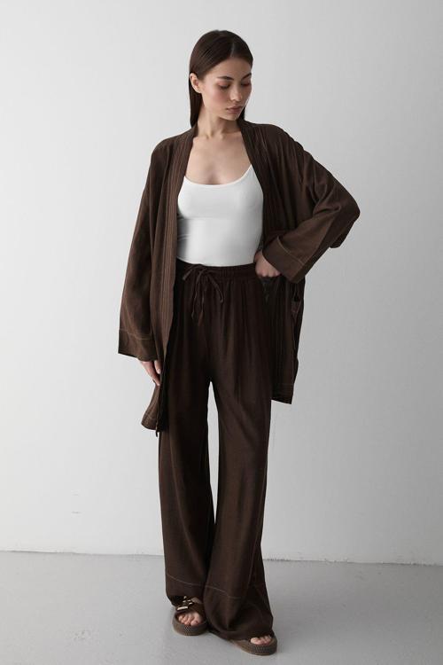 Kahverengi %100 Pamuk Cep Detaylı Kuşaklı Kimono Takım - 8491