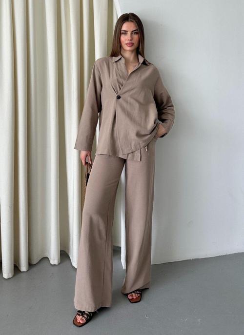 Vizon %100 Pamuk Kruvaze Kapama Tek Düğmeli Kimono Pantolon Takım - 8351