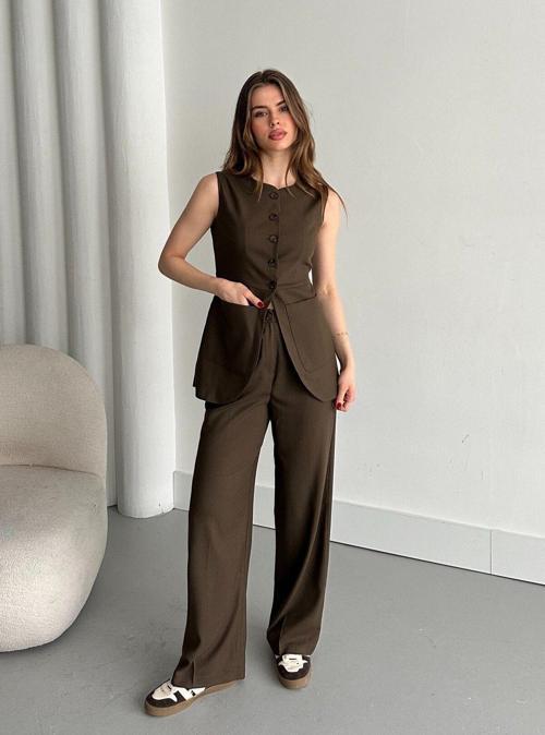 Kahverengi Düğmeli Yelek Pantolon Takım -8484