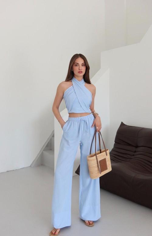 Bebe Mavi Boyundan Bağlı Büstiyer Pantolon Takım - 30352