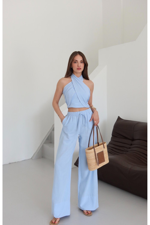Bebe Mavi Boyundan Bağlı Büstiyer Pantolon Takım - 30352