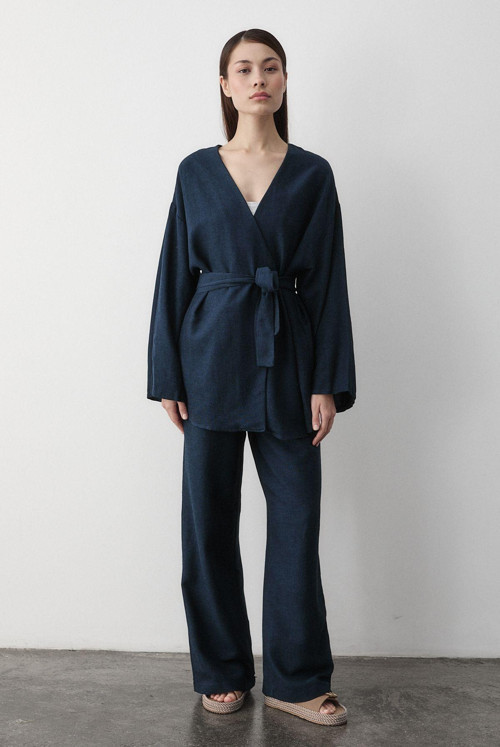 Lacivert Pamuklu Kimono Bol Paça Pantolon Takım