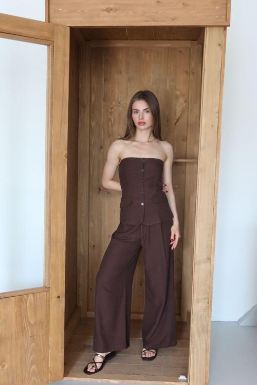Kahverengi Straplez Bol Paça Pantolon Takım