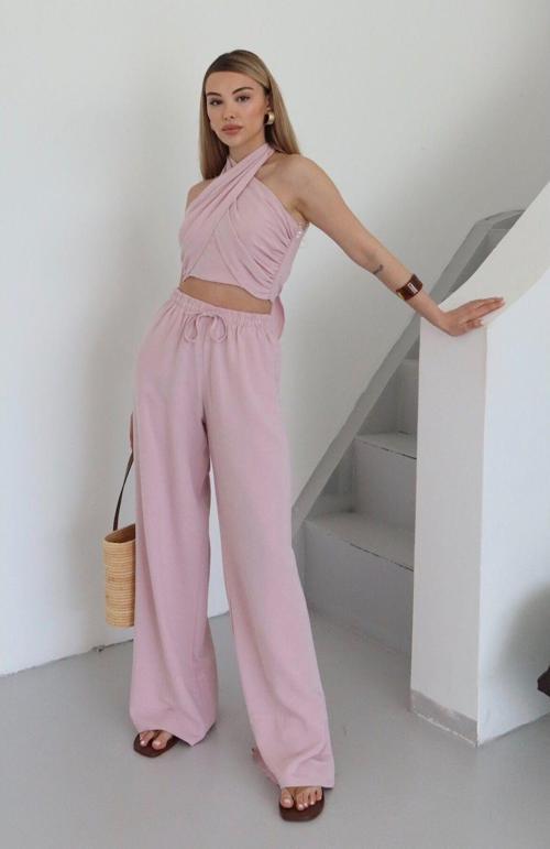 Pembe Boyundan Bağlı Büstiyer Pantolon Takım - 30352