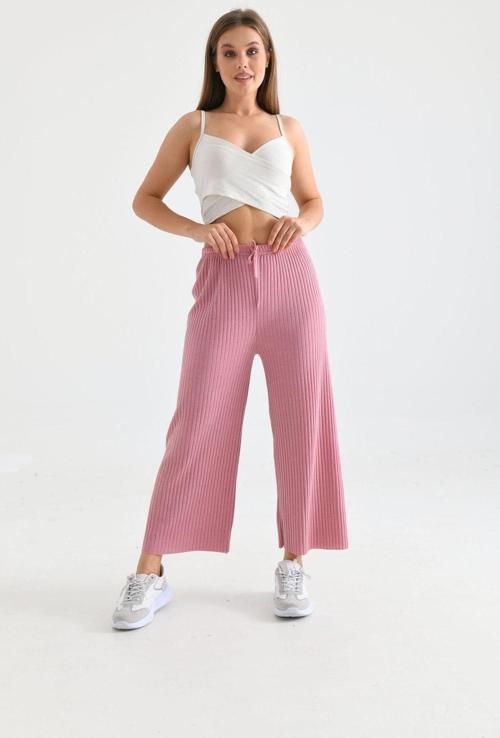 Kadın Ribana Kumaş Fitilli Pantolon Pembe