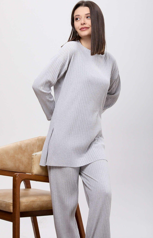 Düz Bisiklet Yaka Kadın Gri Tunik Pantolon - 23462