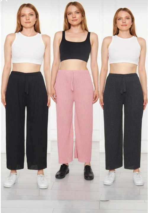 3'Lü Siyah- Gül Kurusu - Füme Kadın Fitilli Raporlu Pantolon & Eşofman, Gündelik Ev Giyim Pijama