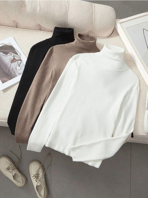Unisex 3Lü Hazır Paket Siyah Bej Pamuklu Balıkçı Yaka Şardonlu Slimfit Boğazlı Kazak