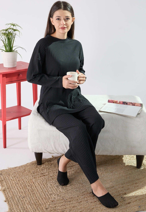 Düz Bisiklet Yaka Kadın Siyah Tunik Pantolon - 23462