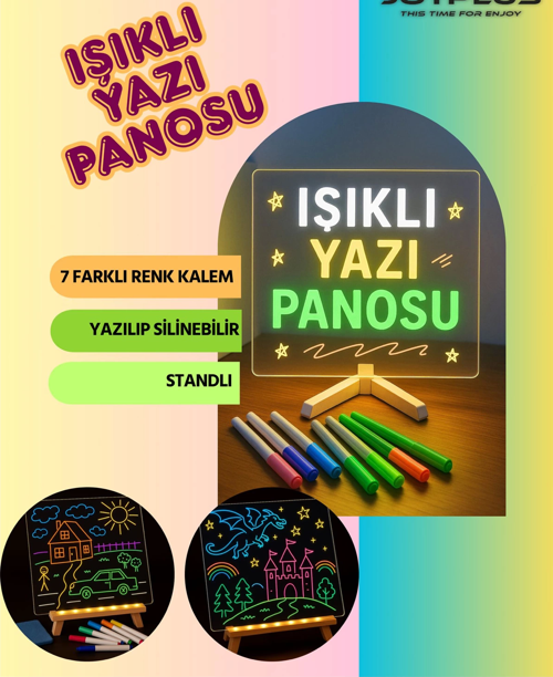 Neon Işıklı 7 Renk Işık Boyama Kalemli Led Resim Panosu Boyama Tahtası Kalemleri 20 X 20