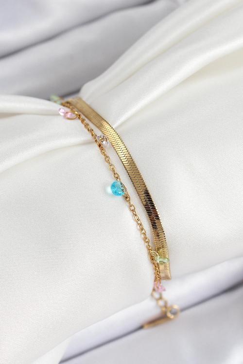 Zarif Kadın için Golden Çelik Alaca Kristal Taşlı Çiftli Bileklik