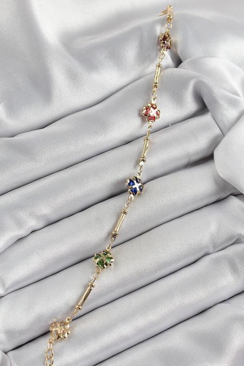 Zarif Kadın için Golden Pirinç Alaca Yonca Zirkonlu Bileklik