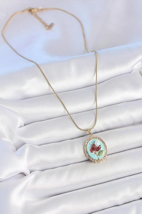 Zarif Kadın için Golden Çelik Zincir Turkuaz Mine İnci Çiçek Portre Kolye