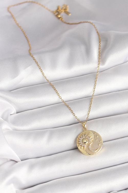 Zarif Kadın için Golden Çelik Zincir Zirkonlu Ay Güneş Madalyon Kolye