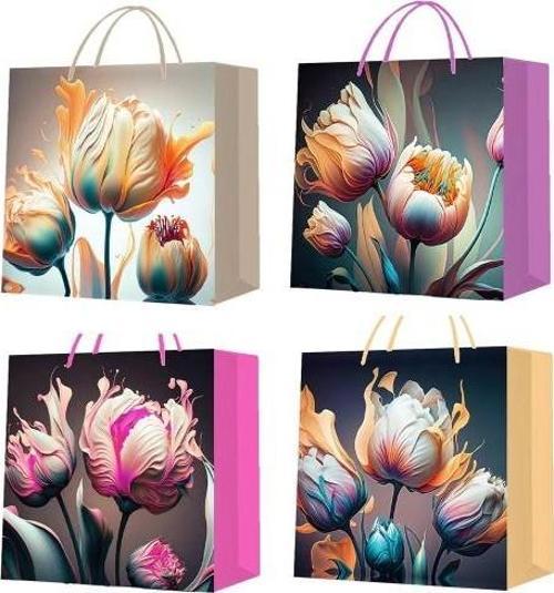 Büro Ev Ofis Hediyesi için Dekoratif Lale Motif Maksi Karton Çanta