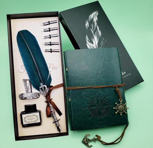 Büro Ev Ofis Hediyesi için Deri Defter Yeşil Tüylü Mürekkepli Kalem Seti