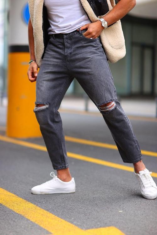 Boyfriend Diz Yırtık Gri Renk Kot Pantolon