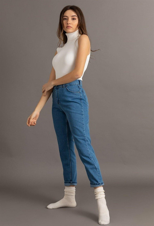 Açık Mavi Likralı Mom Süper Yüksek Bel Mom Jeans