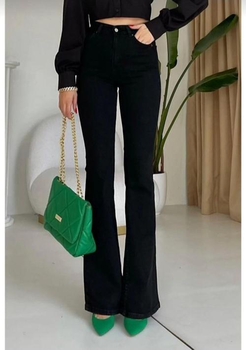 Flare Jeans Siyah Ispanyol Yüksek Bel Esnek Kot Pantolon (Likralı)